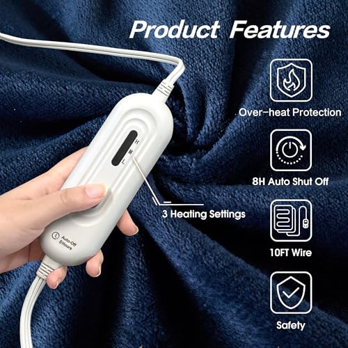Image of Tefici Electric Heated Blanket Twin,Super Cozy Soft 2-Layer Flannel 62 inch x 84 inch Heated Twin Size with 3 Heating Levels 8 Hours Auto Off, Machine Washable, ETL and FCC Certified, Home Office Use, Blue