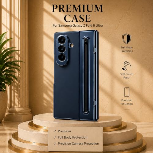 Image of amazon basics Premium Genuine Leather Case for Samsung Galaxy Z Fold 8 Ultra - Slim Fit Luxury Business Cover with Built-in S Pen Slot & Magnetic Hinge Protection - Midnight Blue