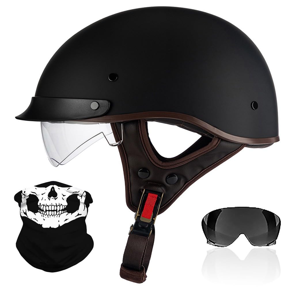 RHBDDHV Retro Half Face Motorbike Helmet, ECE2206 Approved, with Visor, Jet Helmet with Built-In Goggles for Cruiser Moped Scooter