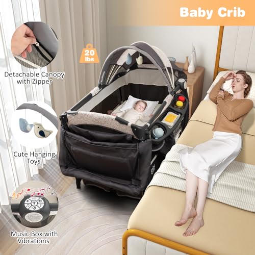 Image of BABY JOY 4 in 1 Pack and Play, Portable Baby Playard with Bassinet & Flip-Away Changing Table, Canopy, Portable Bedside Crib with Storage Basket, Infant Bassinet from Newborn to Toddlers (Floral)