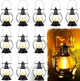 Hortsun 12 Pcs Mini Lanterns with LED Candle 4.7 Inch Small Hanging Lantern Ornament Camping Table Centerpiece Vintage Lantern Ornament Bulk for Wedding Halloween Christmas Western Party Decor(Black)