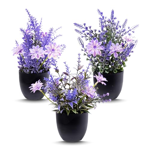 SoeUyd 3 Piezas Plantas de Lavanda Flor Morada en Macetas, Mini Lavanda Plástico Planta Artificial Pequeña, Plantas Artificiales de Lavanda con Macetas, para Decoración y Complemento Interior
