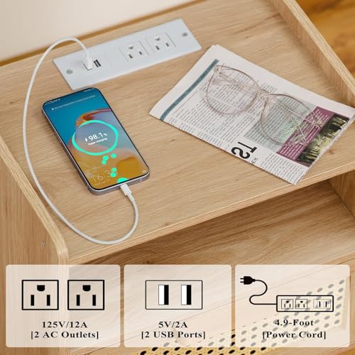Image of Lerliuo Rattan Nightstand with Charging Station, Boho Night Stand | Handmade Natural Rattan Drawer, Cane Accent Side End Tables with Solid Wood Legs for Bedroom, Dorm, Small Spaces