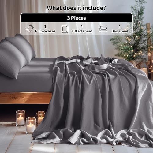 Image of LBRO2M 100% French Pure Linen Sheet Set 3Pcs, 16 inch Deep Pocket Twin XL