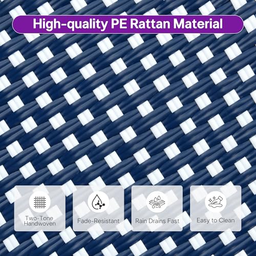 Image of PURPLE LEAF Outdoor Round Bar Height Stool Set of 2 Patio Backless Barstools Aluminum Frame in Champagne Finish with Navy Blue & White Woven Rattan for Indoor Kitchen Dining Bistros Cafe Restaurant