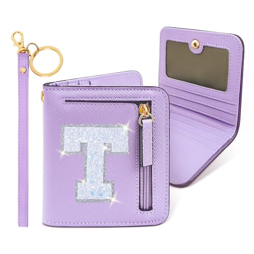 Image of COSHAYSOO Initial Wallet RFID Small Bifold Slim Letter Wallet for Women Teenager Girls Travel Daily Necessities Credit Cards Money Cash Coin Organizer, Purple, Compact, T
