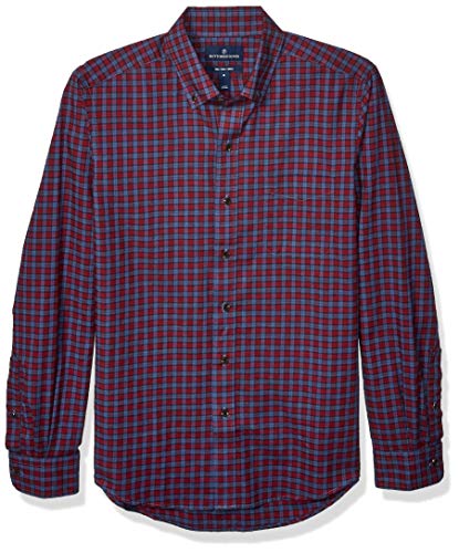 Amazon Brand - Buttoned Down Men's Slim Fit Supima Cotton Brushed Twill Plaid Sport Shirt, Burgundy/Blue Check Large