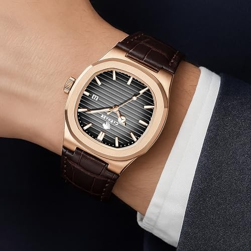 Image of Men Octagonal Rose Gold Luxury Watch for Boy Black Striped Dial, Date Display, Luminous Markers, 30M Waterproof, Leather Strap, Quartz Movement