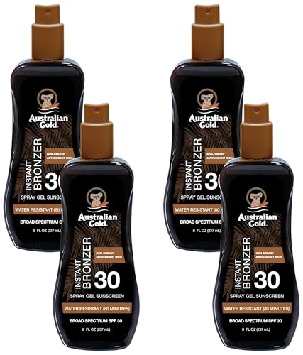 Image of Australian Gold Spray Gel Sunscreen with Instant Bronzer SPF 30, 8 Ounce | Moisturize & Hydrate Skin | Broad Spectrum | Water Resistant | Non-Greasy | Oxybenzone Free | Cruelty Free (Pack of 4)