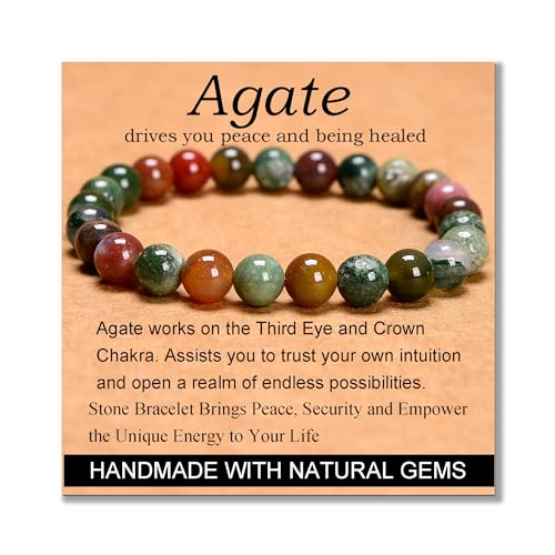 MASSIVE BEADS Indian Agate - Stone of Peaceful - Handmade Yoga Stretch Elastic Bracelet Natural Stone Crystal Healing Power Energy Gifts for Unisex Adult 8mm