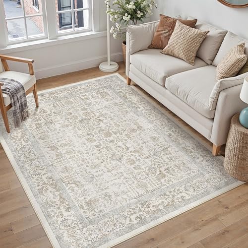 Taupe Area Rug 4x6 Office Entryway Rug Machine Washable Kitchen Vintage Distressed Non Slip Carpet Indoor Retro Floral Accent Throw Door Mat for Bathroom Bedroom Dining Living Room