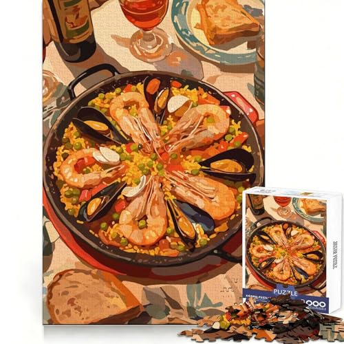 Rompecabezas de Paella con mariscos y Vino,1000 Piezas,Mejora la concentración,relaja la Mente,Divertido,Corte Suave,Regalo de cumpleaños (38x26cm)