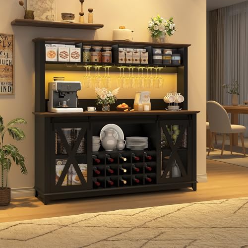 Image of 63 inchWide 58 inchH Farmhouse Coffee Bar Cabinet with Power Outlet and LED Light,Wine Bar Cabinet w / 4 Storage Hutch,Kitchen Buffet Cabinet with 15 Wine and Glass Racks for Kitchen Dining Room(Black)