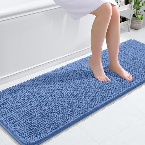 Image of OLANLY Bathroom Runner Rugs 59x20, Soft Absorbent Chenille Bath Rugs, Rubber Backing Quick Dry, Machine Washable Long Bath Mats for Bathroom, Tub and Shower, Home Decor Accessories, Cornflower Blue