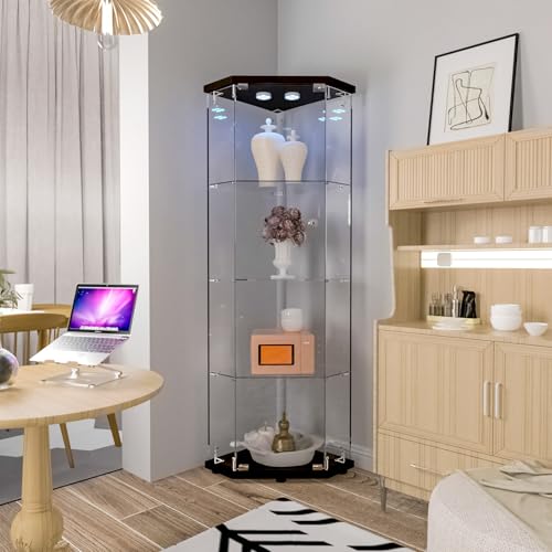 Image of Beauty4U Corner Glass Display Cabinet with LED, 4-Shelf Black Curio Cabinet