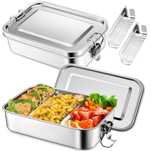 TeamFar Stainless Steel Bento Box, 2 Pack 47oz/1400ml Metal Lunch Box with 3 Compartments for Adults...