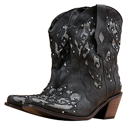 Cowboy Boots for Women, Cowgirl Boots Embroidered Modern Wide Calf Cowboy Boots Mid Calf Boots Wide Calf Chunky Heel Retro Colorful Western Boots 6.5 Dark Black