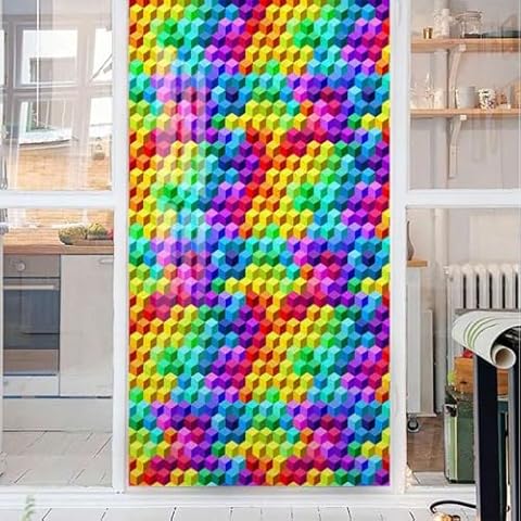 Multicolor Privacy Window Film for Home Kids Room Colorful Retro Gaming Computer Brick Blocks Stained Glass Window Film Decorative Privacy Window Film Cube 23.6Wx59L-inch Cover
