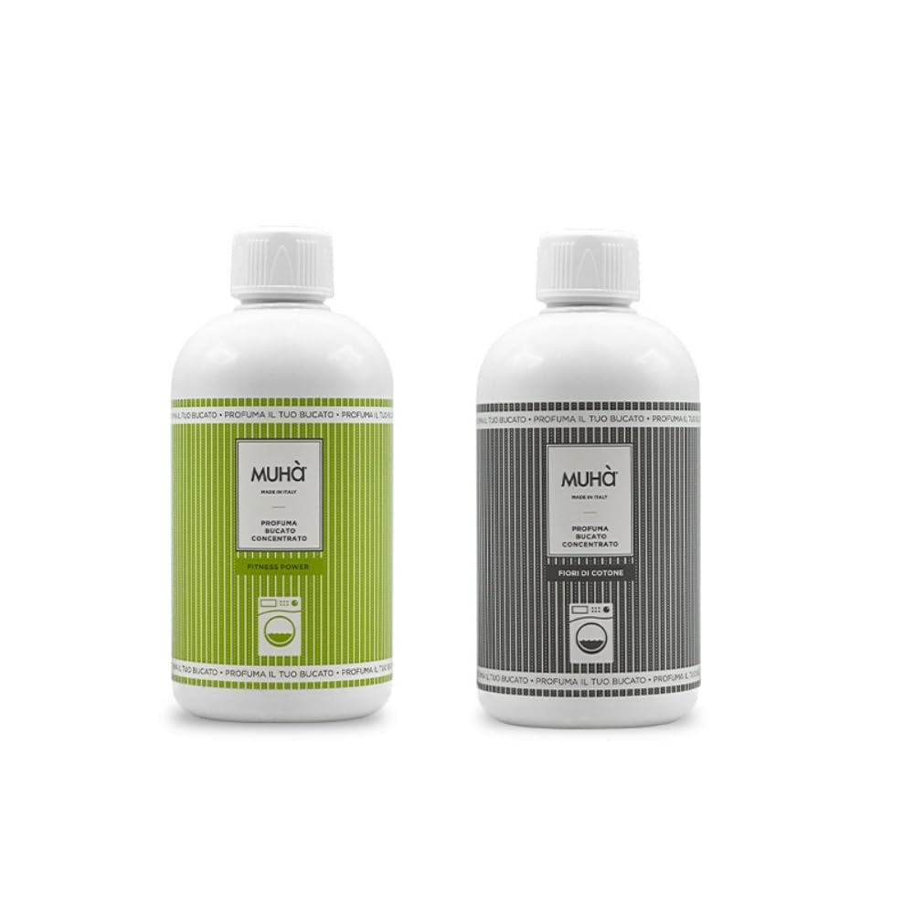 Confezione di Due Profumatori Concentrati per Bucato, Profumo Intenso e Duraturo, 400ml - Fitness Power + Fiori di Cotone, Totale 800ml, Freschezza Lunga Durata