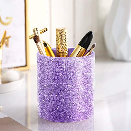 Image of Pen Holder for Women Girls, Pencil Cup Desk Glitter Sturdy Makeup Brush Holder Large Pu Leather Luxury Multi-Functional Organizer Cup for Office, Classroom, Home, Purple