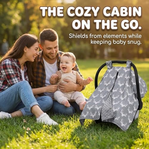 Image of Dear Baby Gear - 40x30 Car Seat Canopy, Infant Carrier Cover for Boys & Girls, Cozy Fall, Nursing & Stroller Use, Newborn Travel Sunshade Accessory, Antlers on Gray, Gray Dot