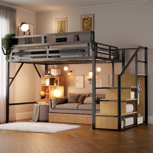 Mirightone Queen Size Loft Bed with Stairs and Storage,...