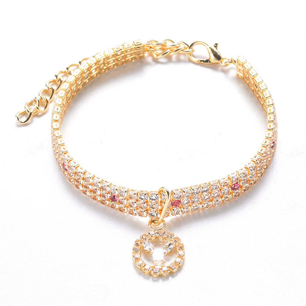 RayMinsino Pet Necklace Smiley Pendant Zircon Three Rows Diamond Golden Cat and Dog Jewelry Dress Up Collar