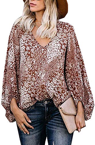 Ofenbuy Womens Chiffon Blouses Puff Long Sleeve V Neck Elegant Casual Oversized Shirts Tops (Medium, 3-Khaki)