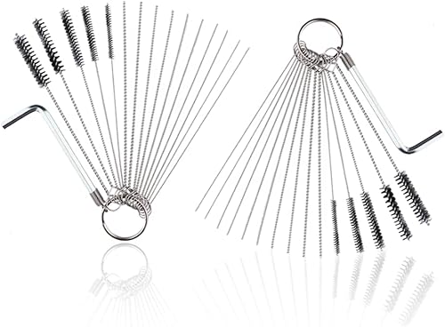 Juego de 2 juegos de limpiador de carburador de acero inoxidable, incluye 20 agujas de limpieza a chorro, 10 cepillos de limpieza a chorro, 2 llaves