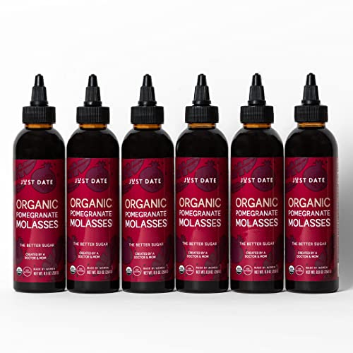 Just Date: Organic Pomegranate Syrup / 100% Natural/Organic Pomegranate Molasses/Healthy Alternative for Sugar, Honey or Maple/Low Glycemic Index & Packed with Nutrition/Six 8.8 OZ Squeeze Bottle