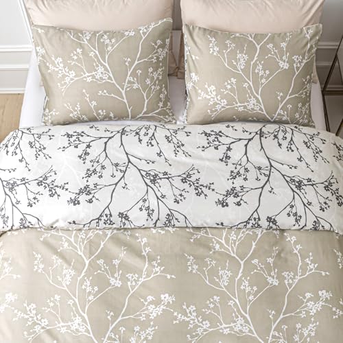 Image of Lekesky Queen Size Duvet Cover Set, Reversible Duvet Cover Queen with Branch Pattern, Lightweight Soft Microfiber Comforter Cover, 3 Pieces Khaki Bedding Set with Zipper and 2 Pillowcases