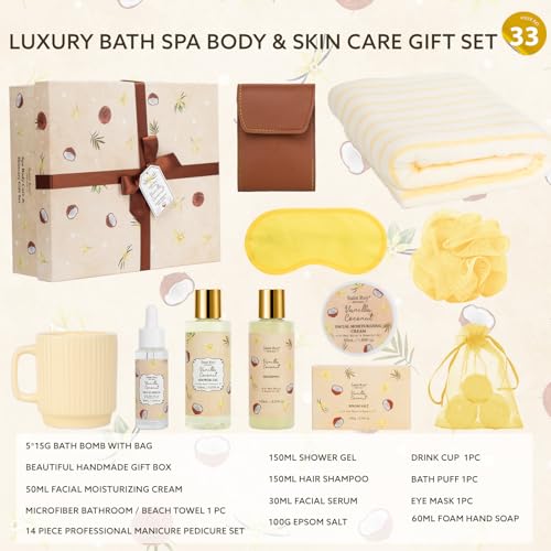 Image of 33 Pcs Coconut Vanilla Spa Gift Basket for Women & Men, Face Skin Care Set, XXL Bath & Body Set, Self Care Pamper Kit, Manicure Set, Birthday, Christmas, Valentines, Mother Day, Anniversary