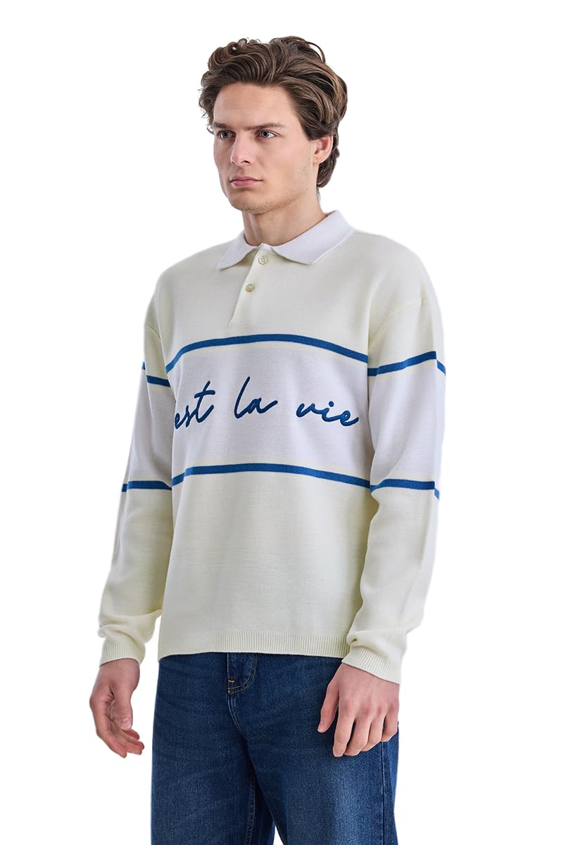 snitch Men's Sweater | Polo Collar Long Sleeve Pullover, 'C'est la Vie' Print & Striped Pattern | 100% Cotton Casual Knit Pullover for Winter Wear-picture-49