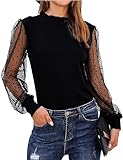Picture of Blooming Jelly Womens Mock Neck Tops Mesh Long Sleeve Shirts Polka Dot Ruffle Elegant Blouse, Black, Small