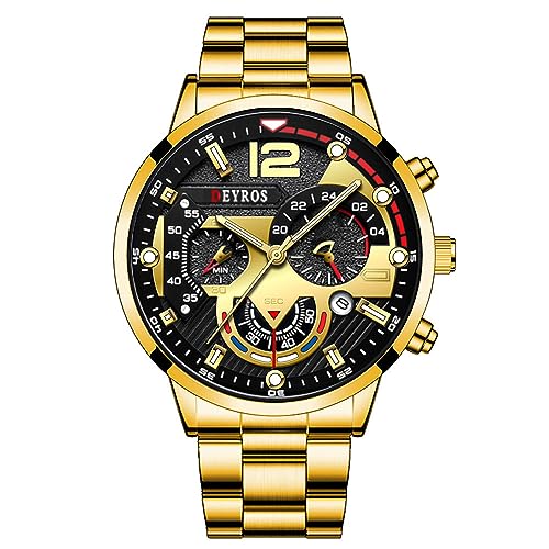 OIDEA Uhren Herren Armbanduhr Quarz: Gold Herrenuhr Analog Quarz 3 Zeitzone Uhr mit Beleuchtenden Zeiger Kalender Großen Zifferblatt Edelstahl Armband Geschenk für Männer Freund
