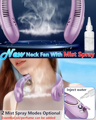 Image of Neck Fans Portable Rechargeable Personal Misting Fan,Fold Up Compact Necklace Fan with Mist,Soundless Powerful Mobile Body Air Cooler with Digital LED Display, Presents for Adults Kids Elderly Purple