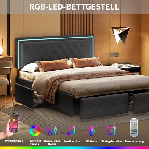 DULRLLY Bett mit Stauraum, 140x200 Polsterbett mit 4 Schubladen und LED-Kopfteil, Doppelbett Bettgestell mit Lattenrost, Jugendbett Funktionsbett Stauraumbetten Rückenlehne Bett, Dunkelgrau(PU) – Bild 5