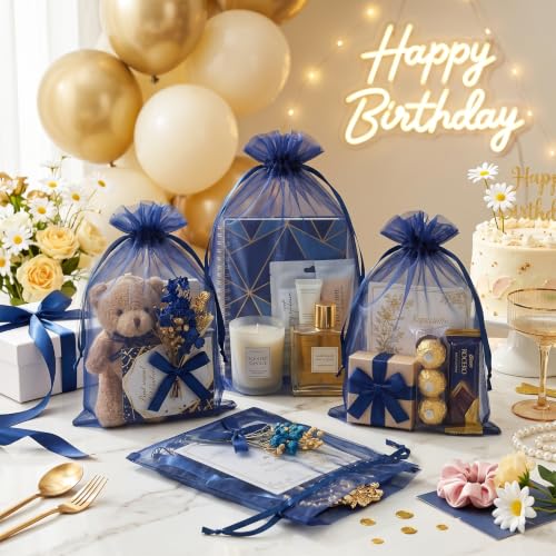 Image of FUNFERY 100PCS Navy Blue Sheer Organza Bags for Candy 3 inchx4 inch | Little Mesh Gift Bags with Drawstring, Small Jewelry Bags Party Favors, Mini Drawstring Pouch for Wedding Favors, Holidays