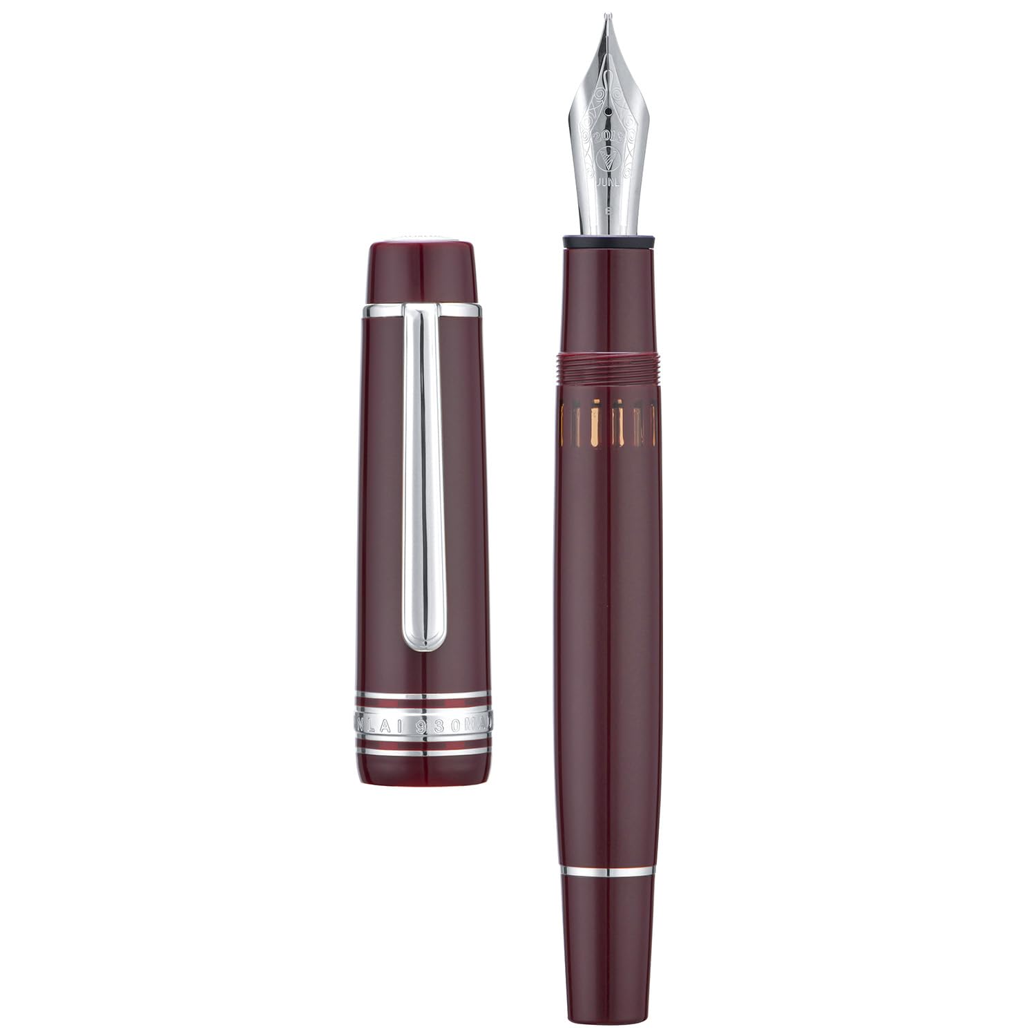 Yongsheng 930 Acrylic Fountain Pen, Size 9 Broad Nib with Piston Filling System, Wine Red Fence Ink Tank with Flat Top Design Smooth Writing Pen (Silver Trim)