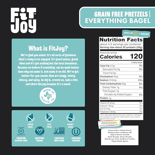 Image of FitJoy Everything Bagel Pretzels (Pack of 6, 4.5 Oz), Dairy, Nut & Gluten Free Snacks, Grain Free Cassava Root & Chickpea Flour Vegan Pretzel Twists, Classic Snack Pretzels for Moms, Children & More
