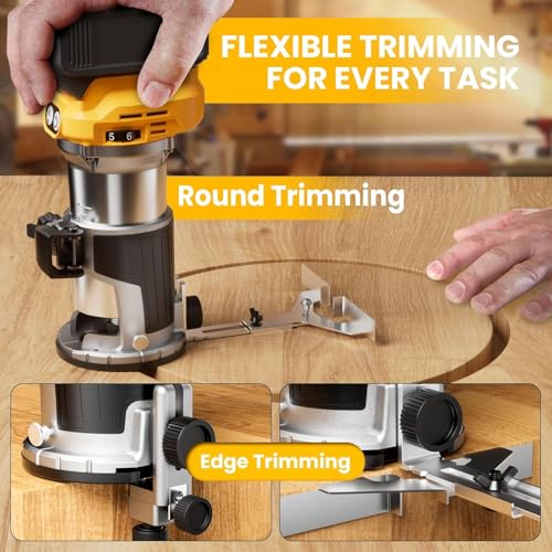 Cordless Compact Router Compatible with DeWalt 20V Battery, With 15Pcs Router Bits 6 Variable Speeds for Woodworking, 800W Fixed Base Wood Router With Trim Bits, Edge & Roller Guide