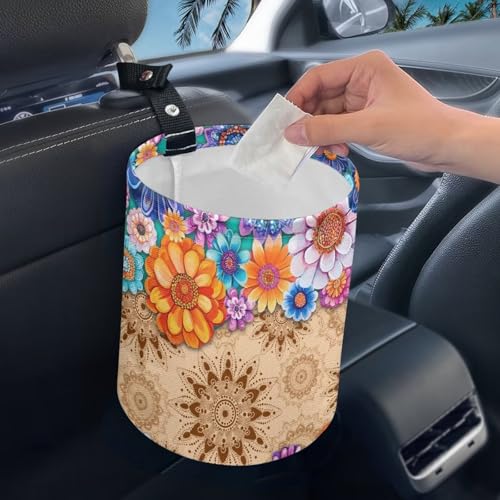 Image of Pensura Car Trash Storage Box Cute Grocery Organizer Boho Ethnic Floral Hanging Vehicle Garbage Waterproof Can Trash Can for Car Compatible with Most Cars,Easy to Install
