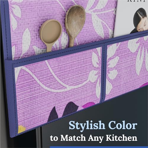 Image of Kuber Industries Cotton Fridge Top Cover | Washable & Anti-Dust Refrigerator Top Cover with 6 Utility Pockets for Kitchen | Flower Design - Purple