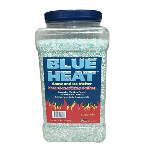 Blue Heat Snow and Ice Melt - 8 Pound Easy Pour Jug - Industrial Grade Heat Generating Rock Salt Pellets - Calcium Chloride and Magnesium - Blue Tint - Concrete Safe - Works in -25° F