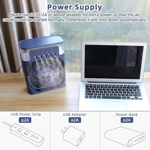 Image of DRUMSTONE Luxurious 5 Year Warranty Portable Mini Air Cooler with Humidifier & Mist Spray 3-Speed Personal Desk Fan 7-Color LED Night Light Timer Function USB Evaporative Cooling Fan for Home & Office