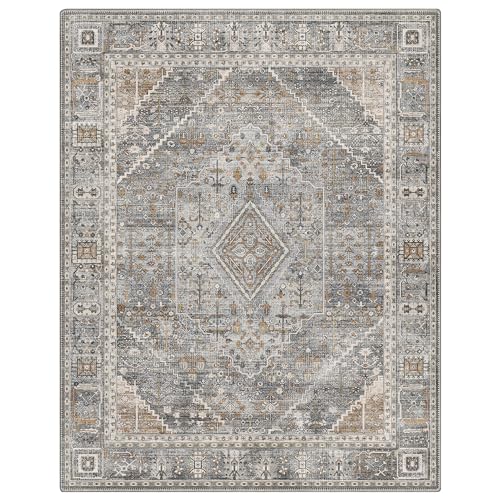 GENIMO 3x5 Vintage Area Rug, Machine Washable, Non Slip & Low Pile Lightweight for Living Room, Entryway, Bedroom, Kitchen, Light Gray