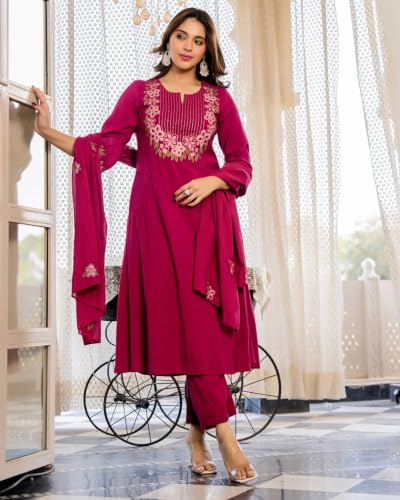 Image of KLOSIA Women's Embroidered A-Line Kurta Set with Dupatta | Floral Embroidery Ethnic Suit Set | Kurta Pant Set for Women | Festive, Wedding