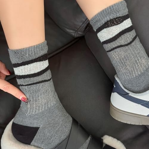 Women's Mid-Calf Socks 4 Pairs Vintage Striped Crew Socks with Breathable Cut-Out Design4