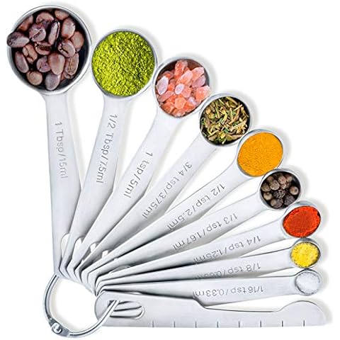 BALCI - 9 Measuring Spoons, Heavy Duty 18/8 Premium Stainless Steel Measuring Spoons Set, Spoons with US and Metric Measurements, Set of 9 + Leveler, Measuring tools for Dry and Liquid Ingredients Cover
