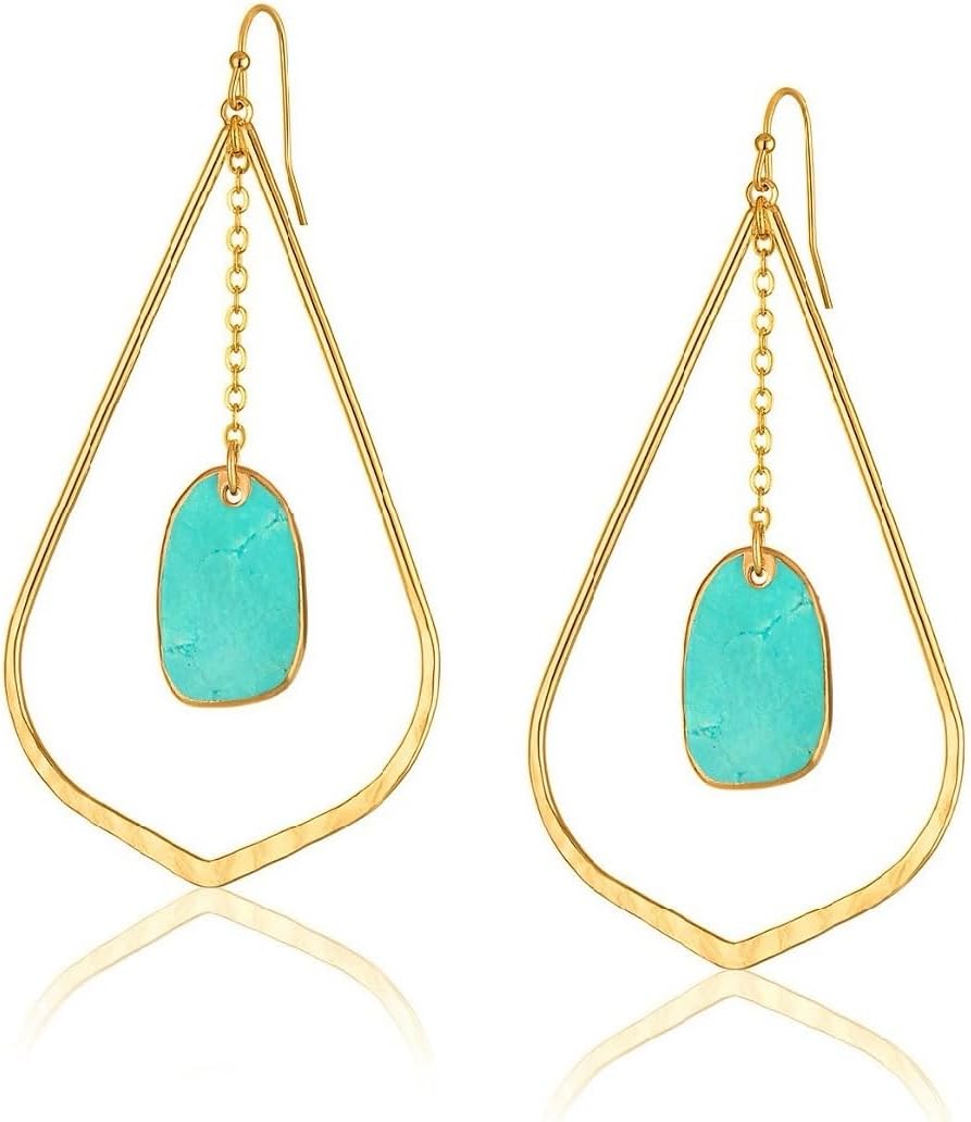 Gold Dangle Earrings with Turquoise Stone, Teardrop Statement Earrings, Lightweight Chain Drop Earrings for Women